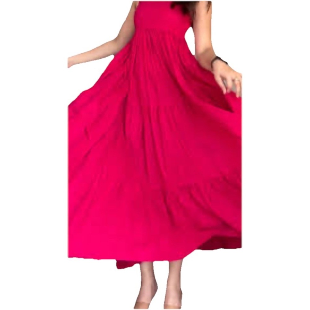 Falls Creek Tiered Midi Dress Sz M Bright Pink Sleeveless Boho Peasant Beach